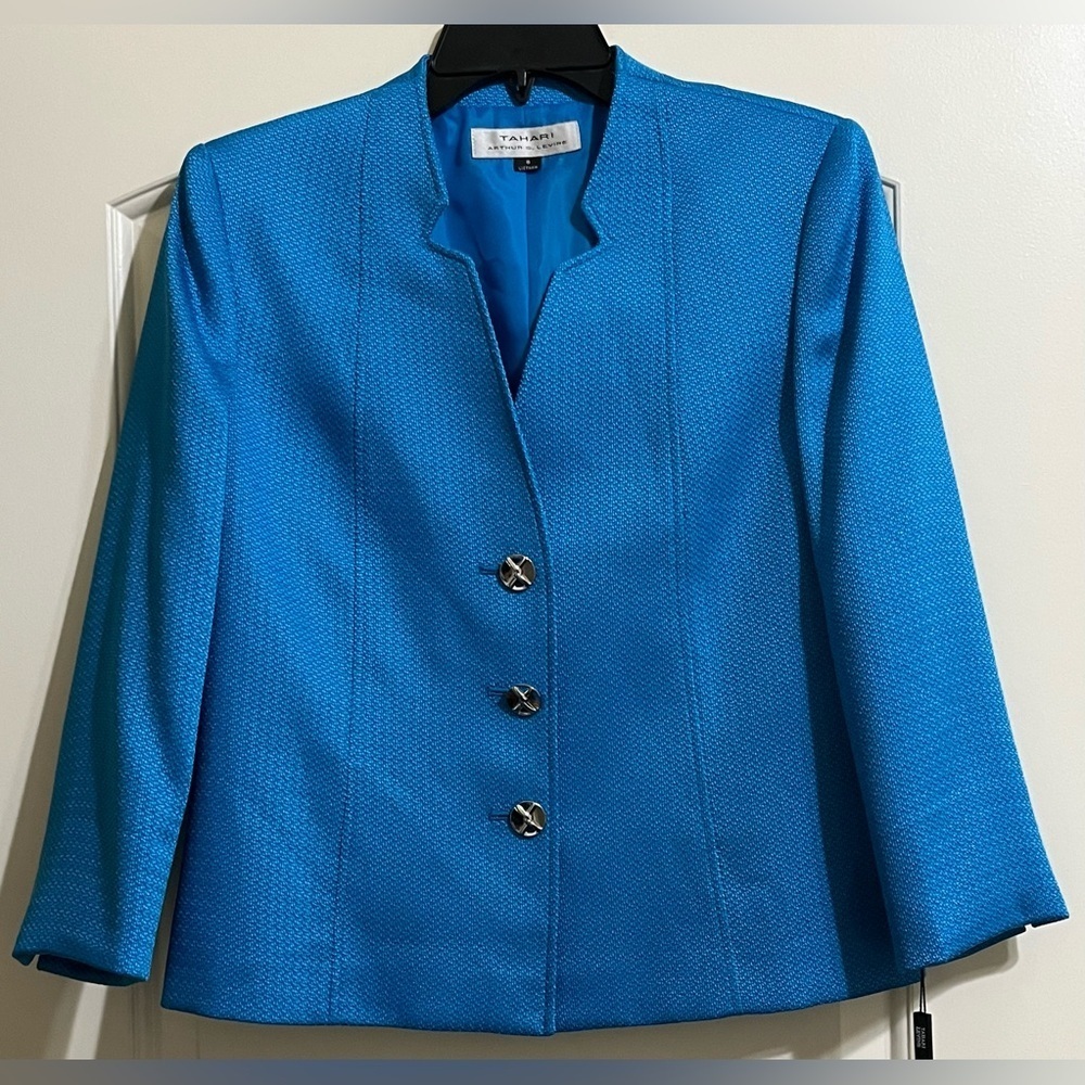 NWT TAHARI Arthur S Levine Women’s Blue Textured Jacket Chrome Buttons 8